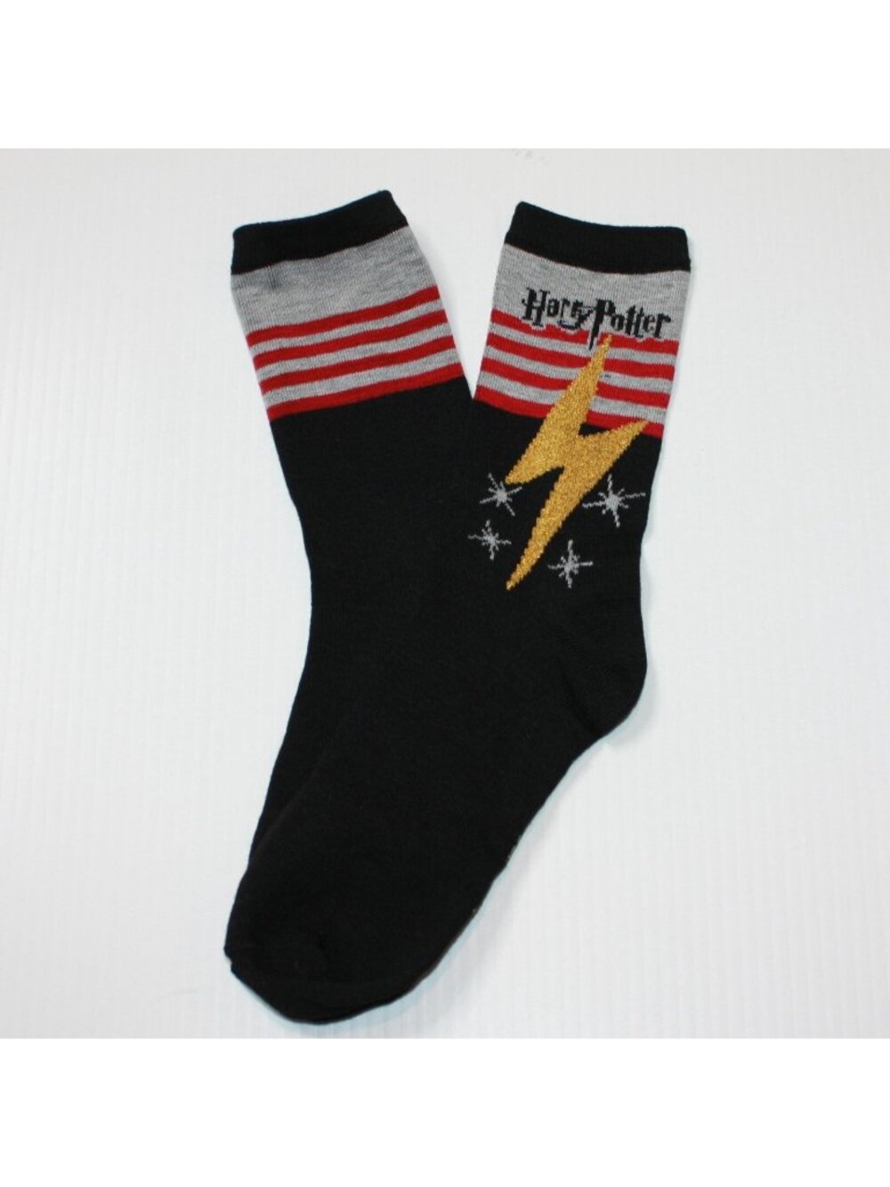 Harry Potter Black with Stripes & Lightning Bolt Crew Socks Shoe size 6-12 NWOT